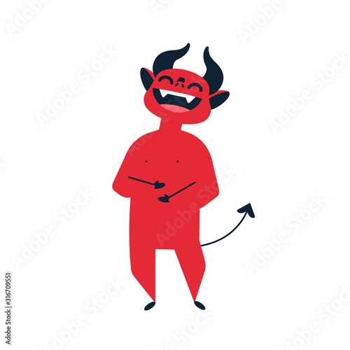 Devil laughing flat vector illustration. Little red cute demon joking cartoon colorful character. Satan funny expression design element. Smiling fantasy creature isolated on white background.