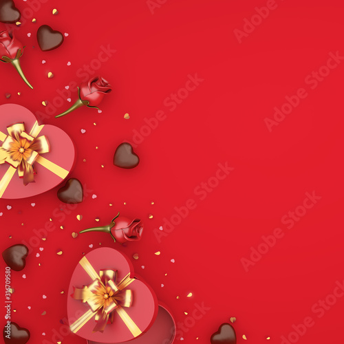 Happy Valentines Day, red rose flower heart shape gift box , chocolate candy, gold confetti glitter on background. Greeting card, flat lay, banner, layout, copy space text area. 3D illustration.