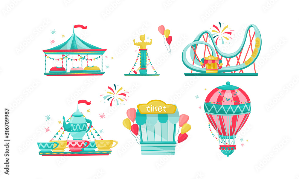 Amusement Park with Funfair Attractions Isolated on White Background Vector Set