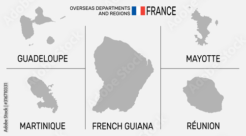 Overseas department and regions of France. France flag. Silhouette or borders for geographic themes - Vector