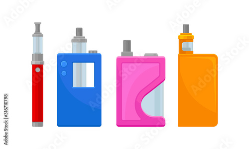 Electronic Cigarettes Vector Set. Metalic E-cigarette Pen Isolated On White Background