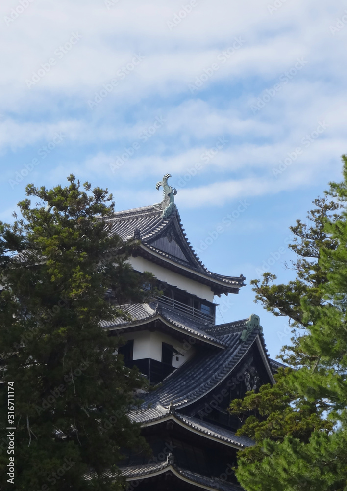 Festung Matsue hinter grünen Bäumen