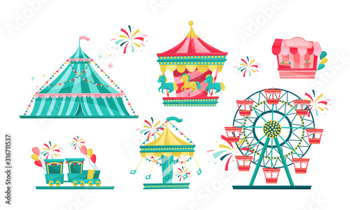 Amusement Park with Funfair Attractions Isolated on White Background Vector Set