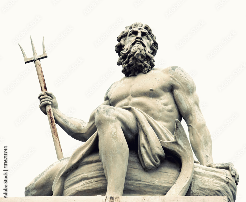 Abstract image with statue of ancient god Neptune with trident. Patron of horses and chariot races. God of moisture, springs, water, sea and drought protector.