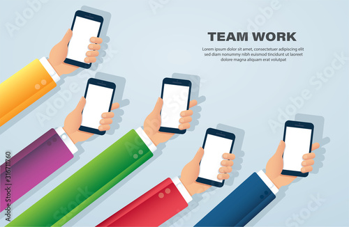 many hands holding smartphone vector illustration EPS10