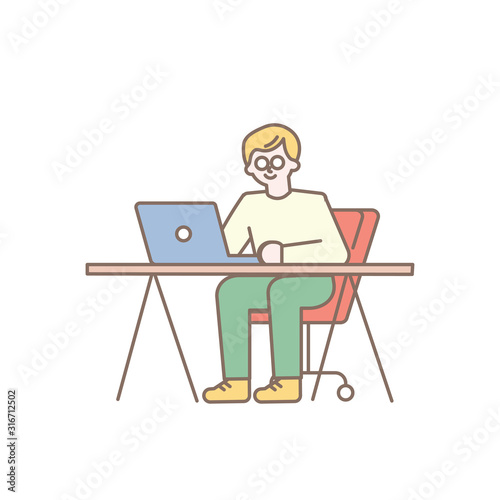 Line art vector guy. working laptop, programmer