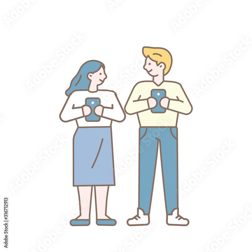 Simple Line art man and woman with phone