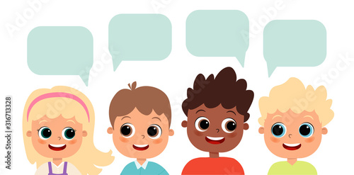 Happy cute kids boys and girls dialog. Happy cute girl and boy with dialog boxes. Children of different nationalities. Girl and boy are talking. Vector flat illustration. Cartoon children. Dialogue
