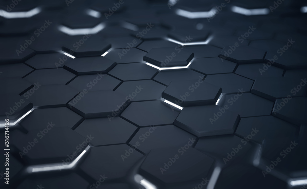 Black-white hexagon with flaming faces. 3D illustration of a field of technological honeycombs