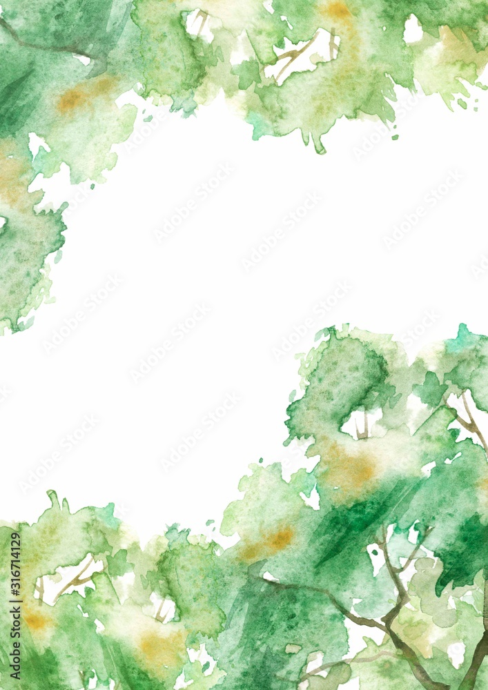 Banners with watercolor trees. Watercolor abstract green spot, blot. Colorful vintage background. Expressive abstract watercolor stain with splashes. Abstract green watercolor on white background.