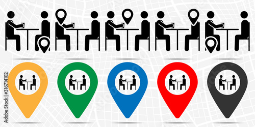 Two people at the table, glass icon in location set. Simple glyph, flat illustration element of people theme icons
