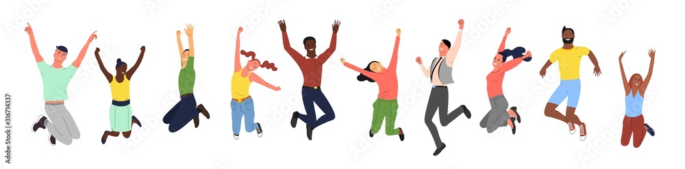Crowd of young happy smiling people in jumping poses. Set of female and male active people of different ethnicity. Isolated on white background. Flat style vector illustration. - obrazy, fototapety, plakaty 