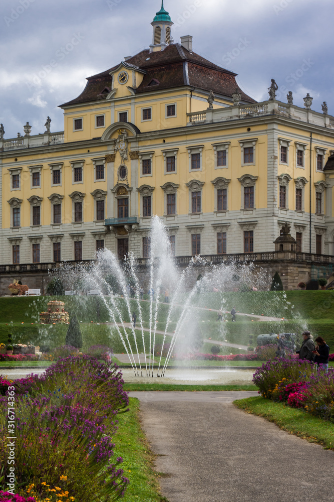 water fountain in park of baroque castle