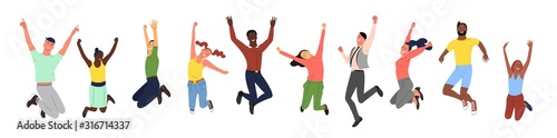 Crowd of young happy smiling people in jumping poses. Set of female and male active people of different ethnicity. Isolated on white background. Flat style vector illustration.