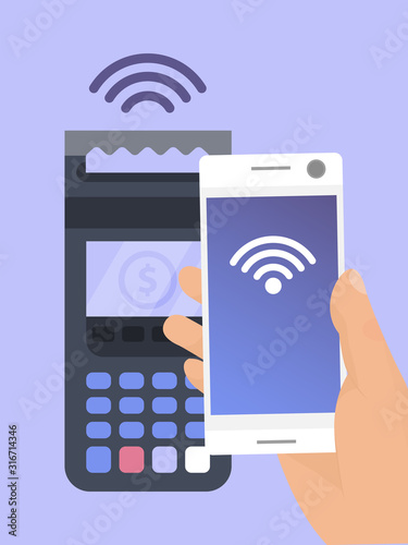 Mobile payments near field communications technology vector illustration. POS terminal confirms the payment by smartphone.