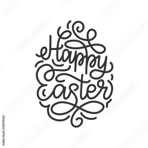 Happy Easter monoline lettering in the shape of easter egg. Celebration typography poster. Modern easter vector logo as print, card, tag, label, template.