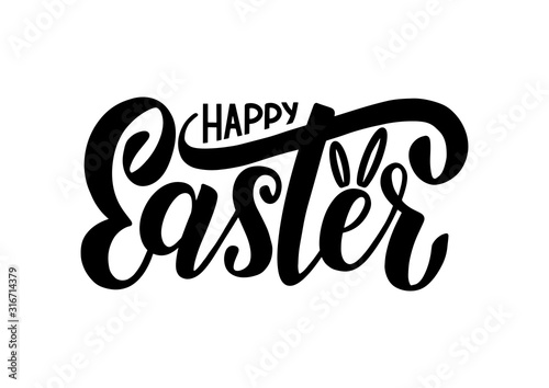 Happy easter lettering logo decorated by rabbit ears. Hand drawn sketch as logotype, print, badge, greeting card template, emblem. Vector illustration EPS 10