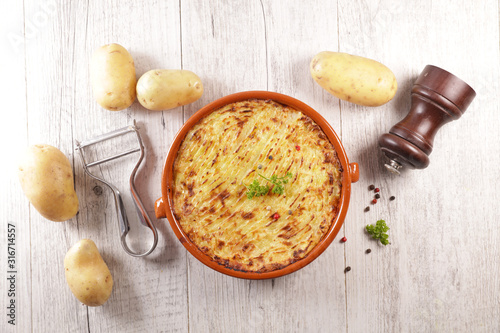 baked potato, minced beef- traditional hachis parmentier- shepherd's pie photo