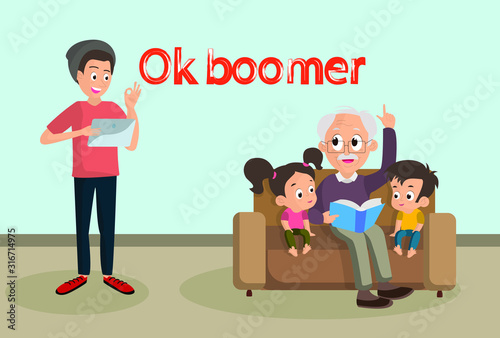 Phrase ok boomer, generation z, grandfather teaches grandchildren, reads a book, generational conflict, vector illustration