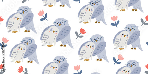 Seamless pattern with cute owl in eyeglasses