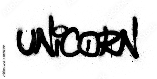graffiti unicorn word sprayed in black over white