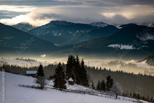 Winter forest in dramatic sunrise in the Carpathians, Romania.