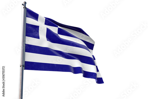 Greece flag waving on pole with white isolated background. National theme, international concept.