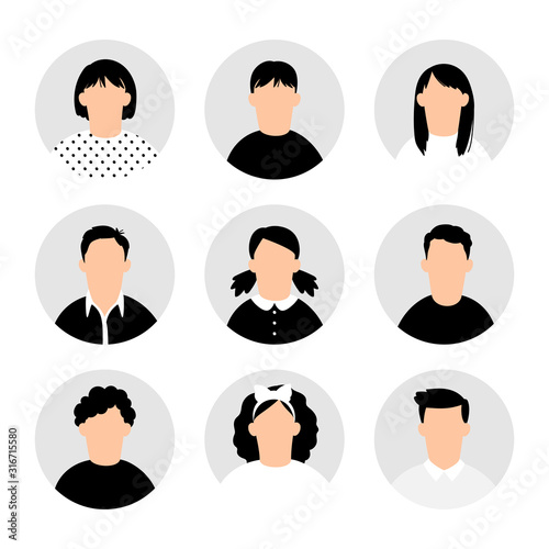 Teens avatars. Teen people avatar set on white, teenager profile vector images, cartoon teenage boys and girls pic set, young men and women persons portraits collection