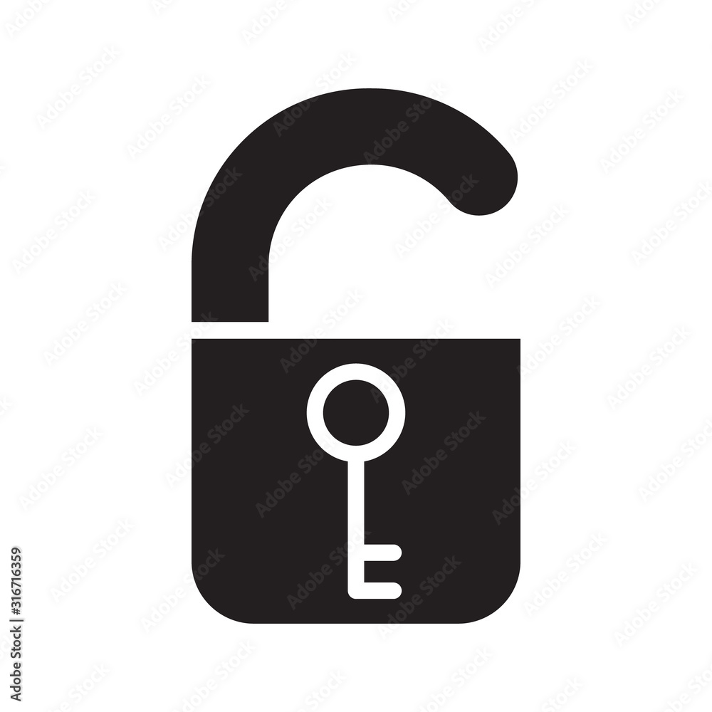 Cutout silhouette Open lock with key icon. Outline unlock logo. Black