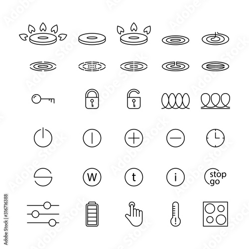Set of icons for cooktops of stoves. Temperature indicator, touch control, lock. Linear illustration for gas, electric induction, glass ceramic, halogen hobs. Contour isolated vector. Editable stroke