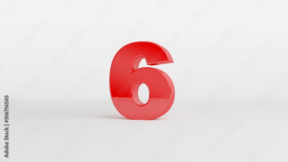 Number 6 in glossy red color on white background, isolated number, 3d render Number 6 in glossy red color on white background, isolated number, 3d render