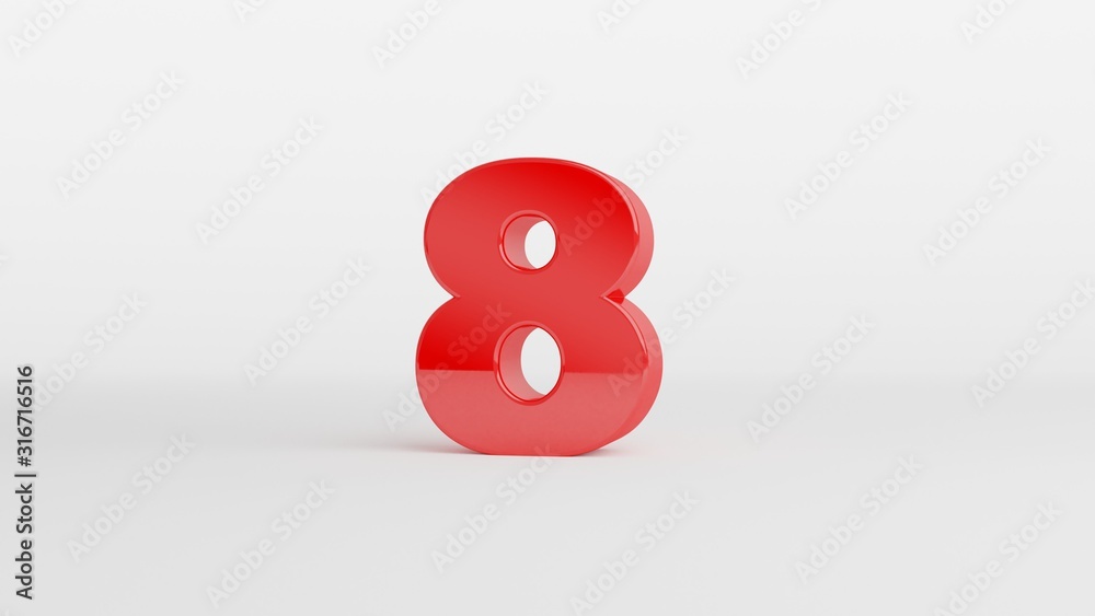 Number 8 in glossy red color on white background, isolated number, 3d render Number 8 in glossy red color on white background, isolated number, 3d render