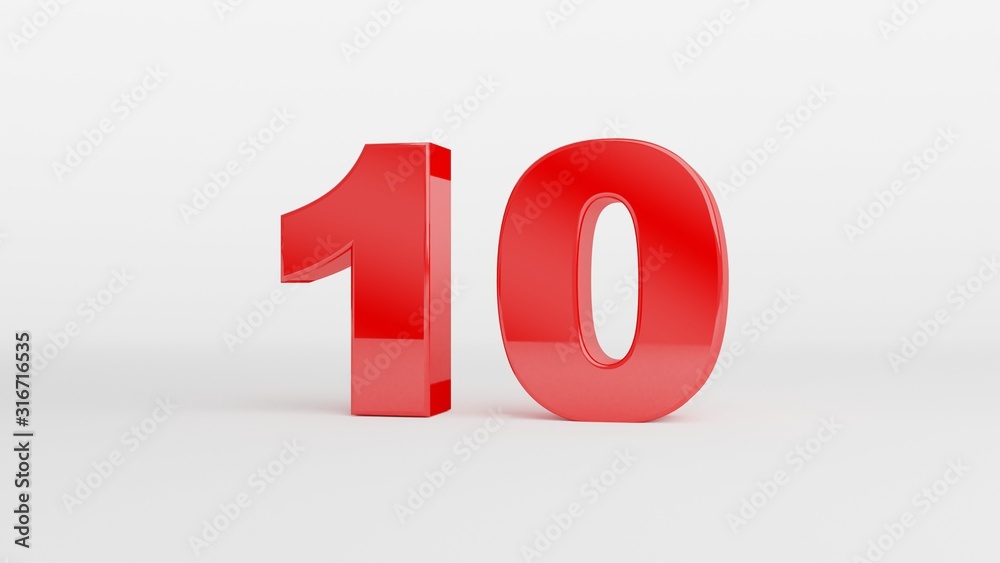 Number 10 in glossy red color on white background, isolated number, 3d render