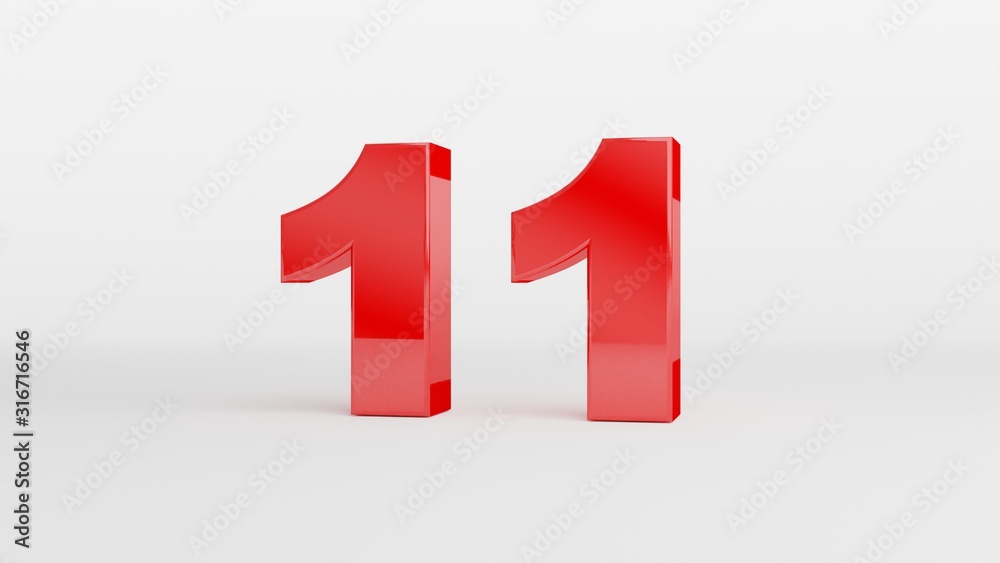 Fototapeta premium Number 11 in glossy red color on white background, isolated number, 3d render