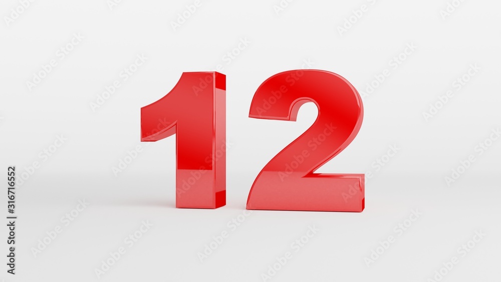 Number 12 in glossy red color on white background, isolated number, 3d render Number 12 in glossy red color on white background, isolated number, 3d render