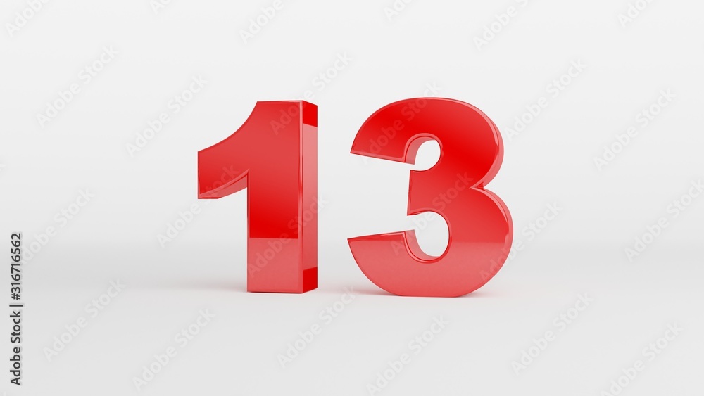 Number 13 in glossy red color on white background, isolated number, 3d render Number 13 in glossy red color on white background, isolated number, 3d render