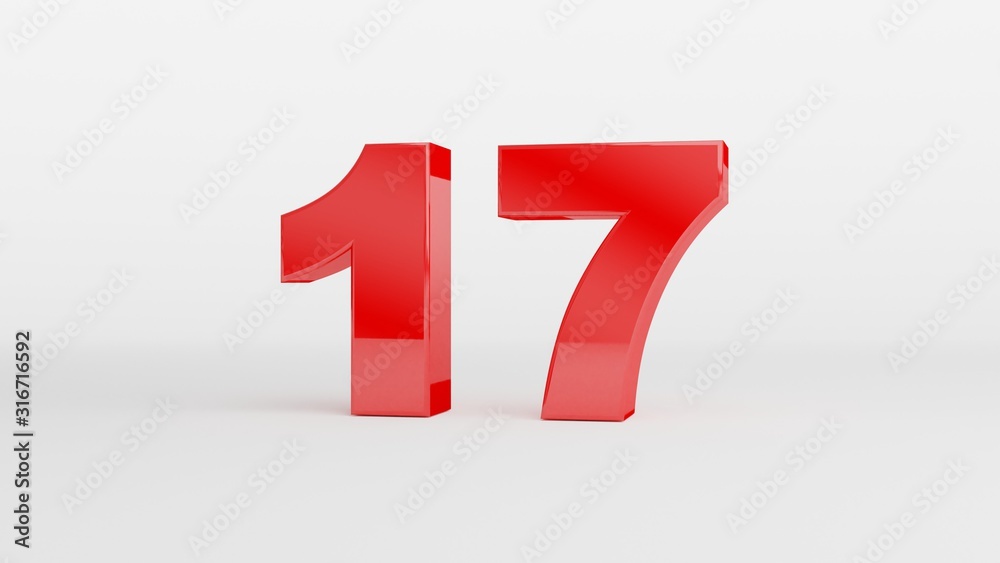 Number 17 in glossy red color on white background, isolated number, 3d render Number 17 in glossy red color on white background, isolated number, 3d render