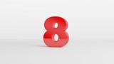 Number 8 in glossy red color on white background, isolated number, 3d render