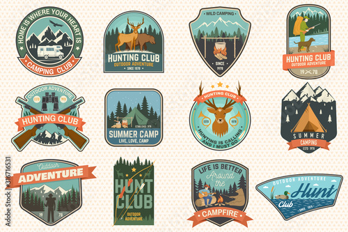 Summer camp and Hunting club patches.Vector. Concept for shirt or logo, print, stamp, patch. Patch typography design with rv trailer, camping tent, campfire, hunter, man with guitar, forest