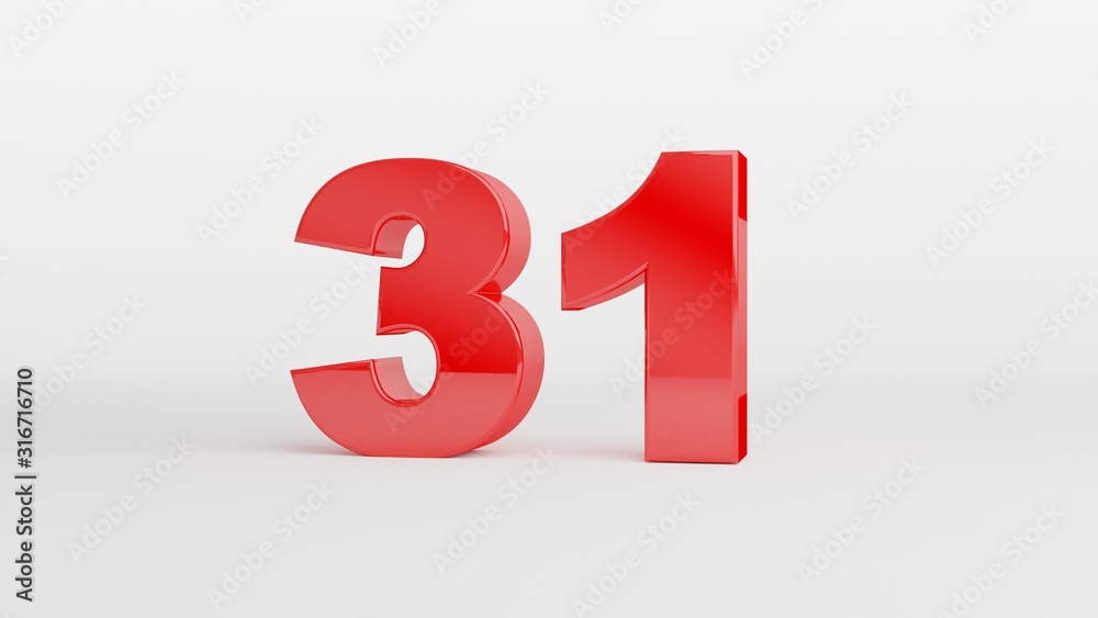 Number 31 in glossy red color on white background, isolated number, 3d render Number 31 in glossy red color on white background, isolated number, 3d render