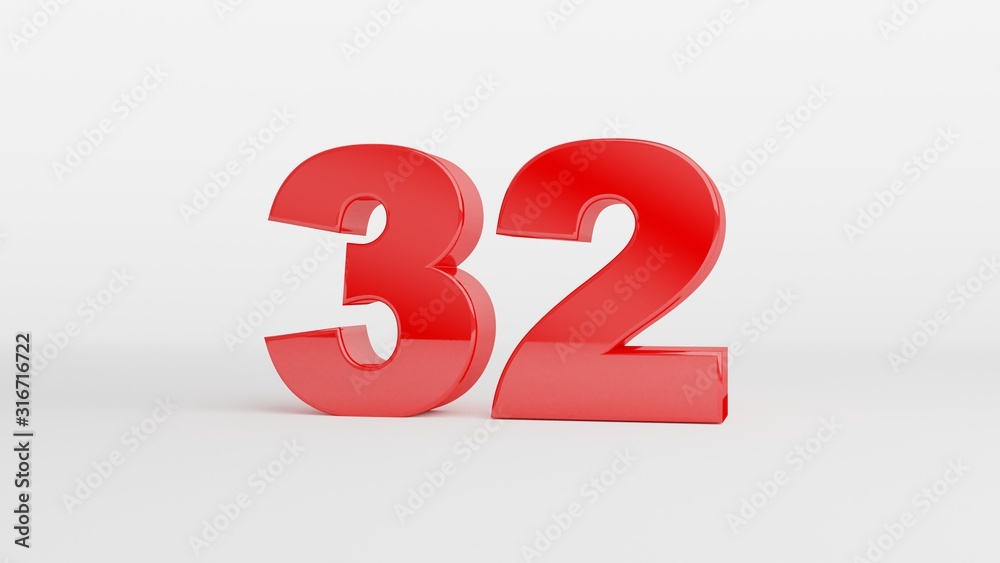 Number 32 in glossy red color on white background, isolated number, 3d render Number 32 in glossy red color on white background, isolated number, 3d render