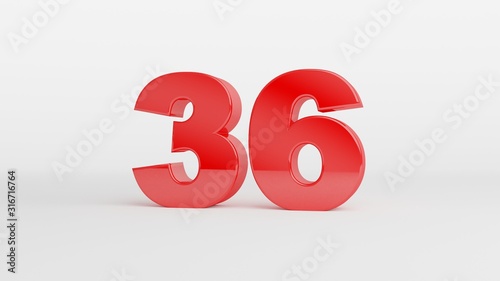 Number 36 in glossy red color on white background, isolated number, 3d render