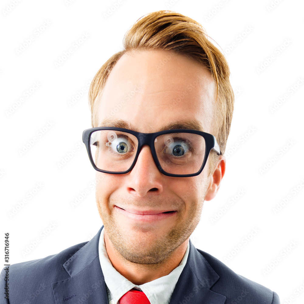 Portrait of funny businessman in glasses, confident suit and red tie, happy excited, in shock or surprised, isolated over white background. Square composition picture.