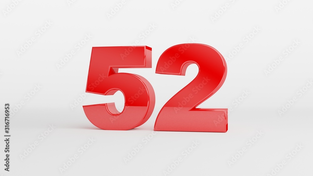 Number 52 in glossy red color on white background, isolated number, 3d render Number 52 in glossy red color on white background, isolated number, 3d render