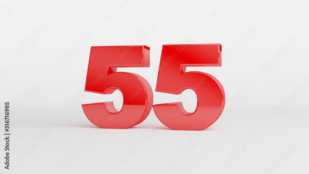 Number 55 in glossy red color on white background, isolated number, 3d render