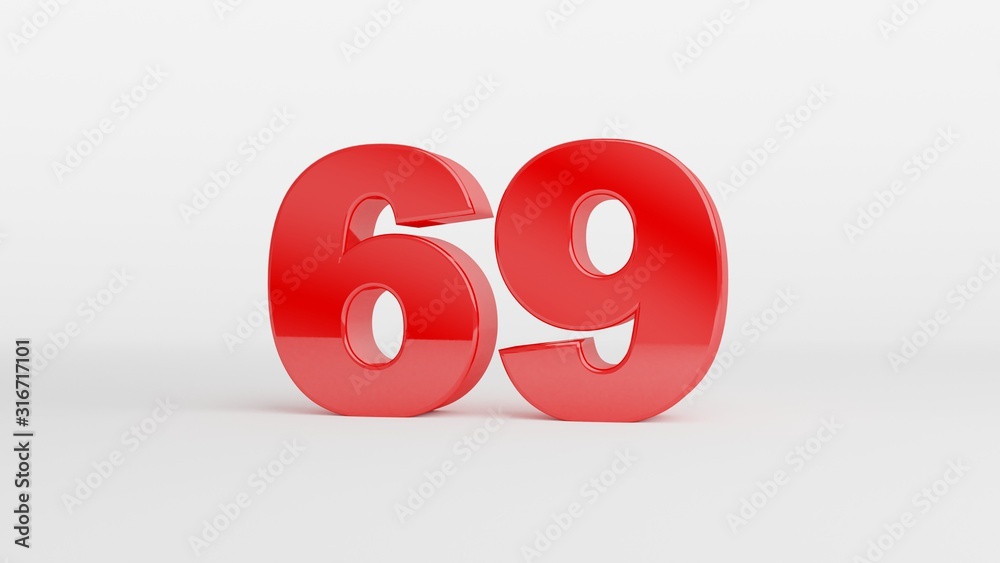 Number 69 in glossy red color on white background, isolated number, 3d render Number 69 in glossy red color on white background, isolated number, 3d render