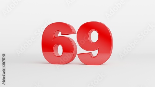 Number 69 in glossy red color on white background, isolated number, 3d render