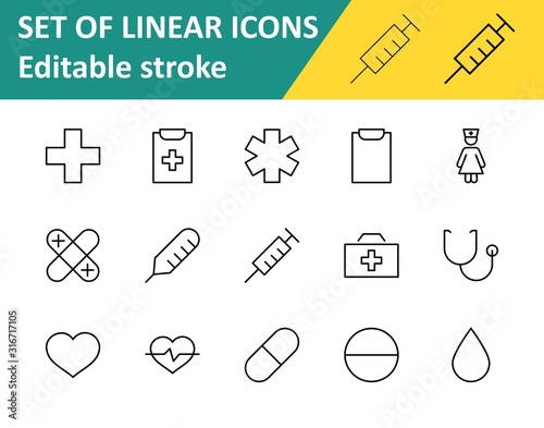 Set of Medicine vector line icons. It contains the first aid kit, nurse, syringe, thermometer, plastic, pills, heart, drop of blood, palpitation and much more. Editable Stroke. 32x32 pixels.