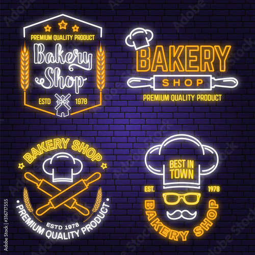 Set of Bakery shop neon bright signboard, light banner. Vector. Concept for badge, shirt. Neon design with rolling pin, mustache , wheat ears silhouette. For restaurant identity