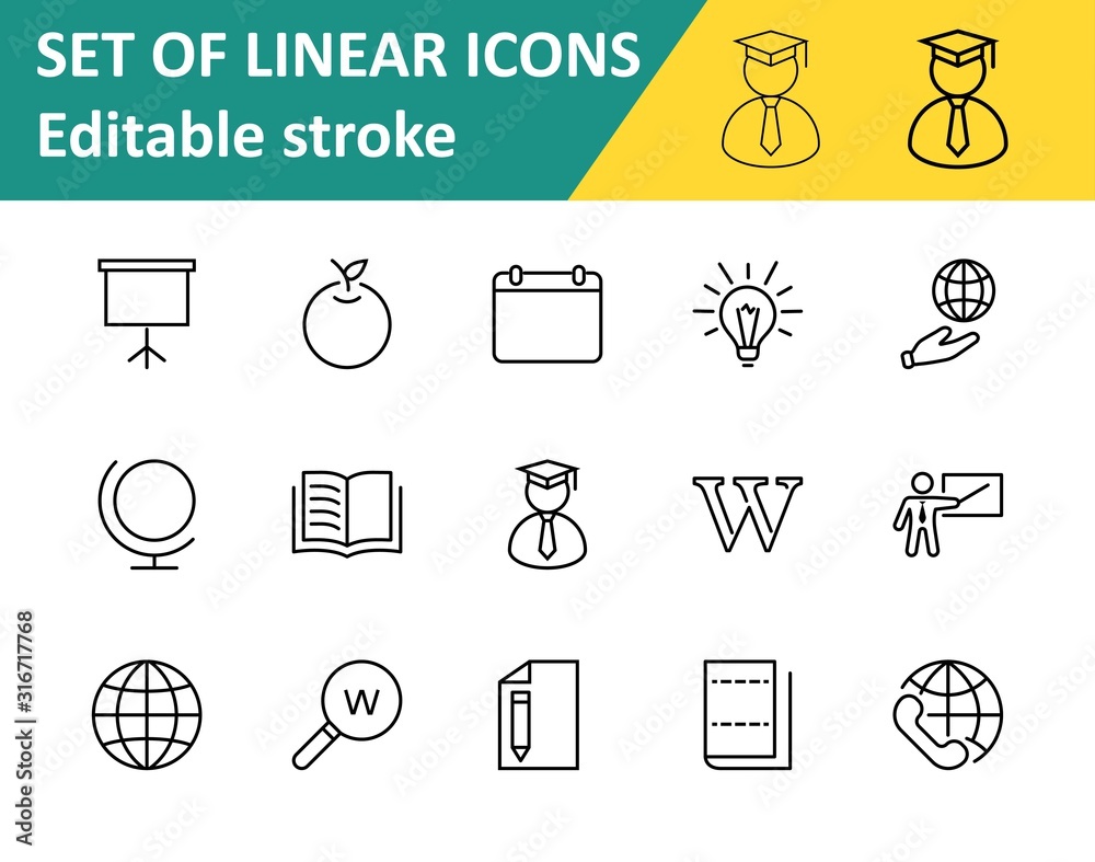 Wikipedia's birthday Set Line Vector Icon. Contains such Icons as Wikipedia, Open Book, Teacher, Blackboard, Pointer, Web Globe, Directory, Search, Lamp, Calendar. Editable Stroke. 32x32 Pixels Wikipedia's birthday Set Line Vector Icon. Contains such Icons as Wikipedia, Open Book, Teacher, Blackboard, Pointer, Web Globe, Directory, Search, Lamp, Calendar. Editable Stroke. 32x32 Pixels